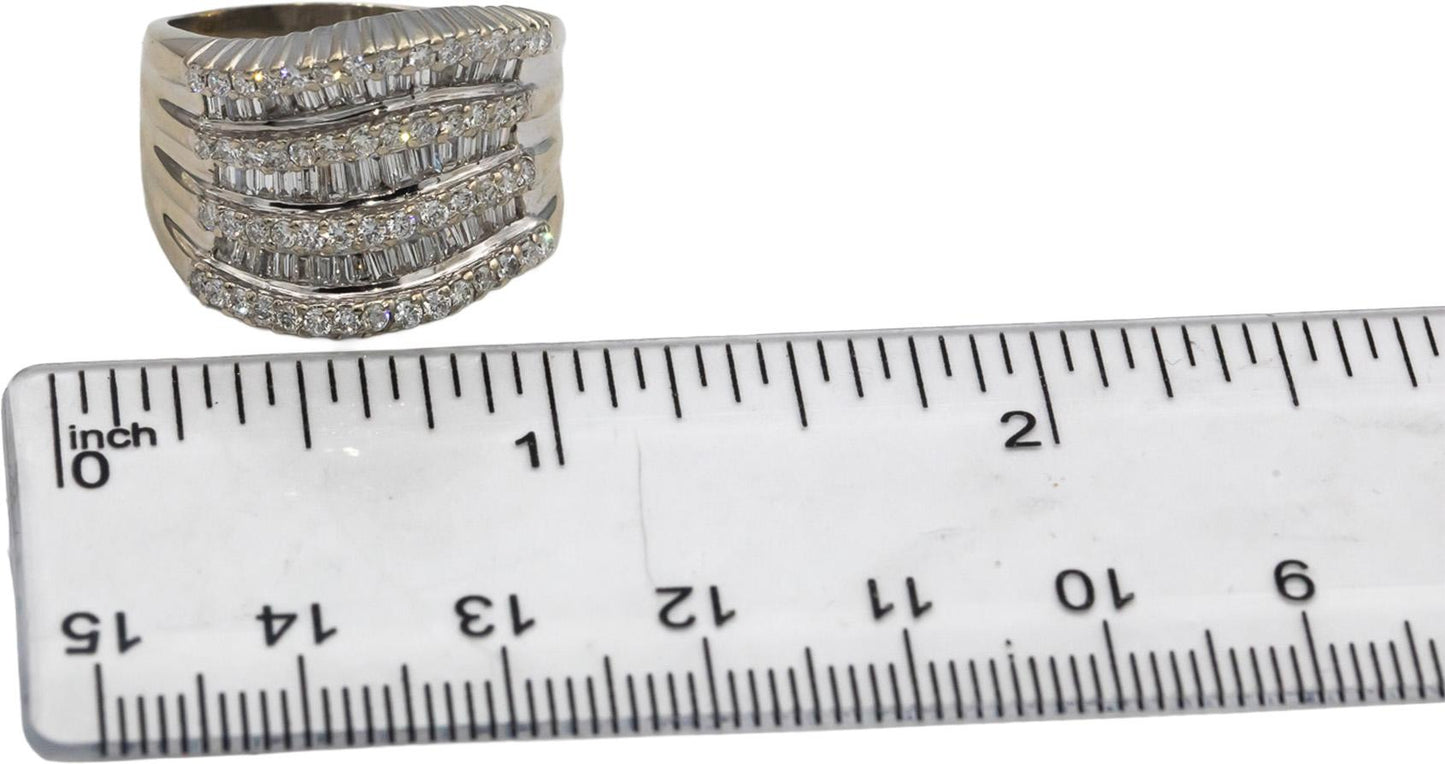 14k White Gold Round and Baguette Diamond Wide Wavy Band Ring 1.50CT Size 8.25