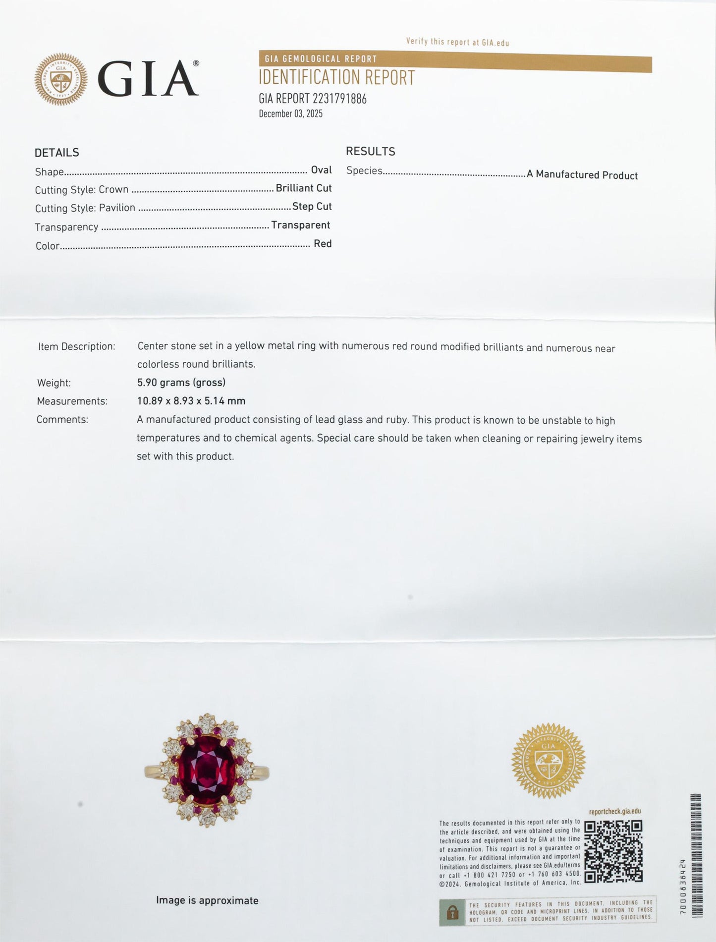 GIA Certified 14k Yellow Gold Diamond & Manufactured Ruby Ring 5.0CT Size 7