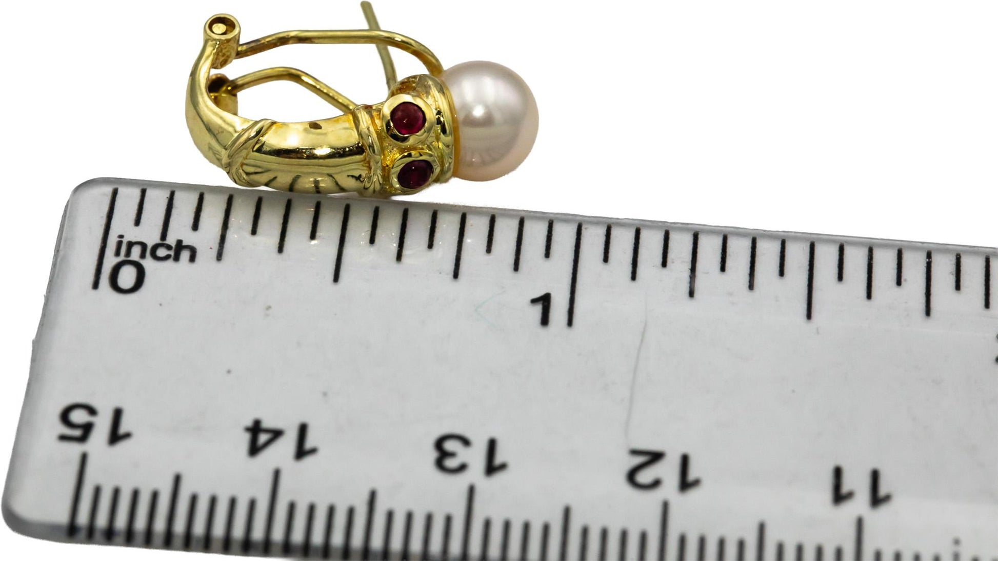 14k Yellow Gold Pearl Dangle Earrings w/ Cabochon Ruby Accents