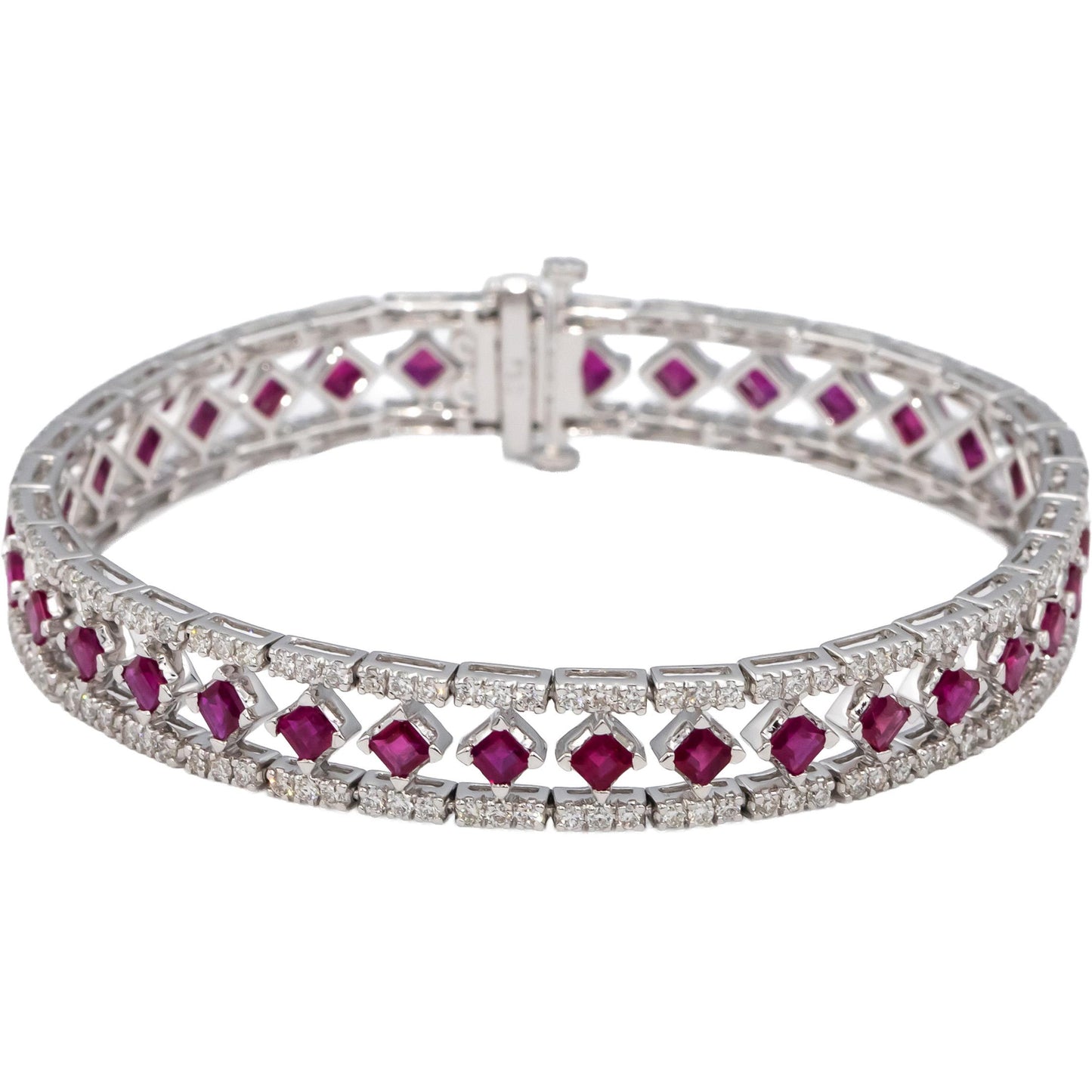 18k White Gold Square Cut Ruby & VS Round Diamond Fancy Link Bracelet 11.09CTW