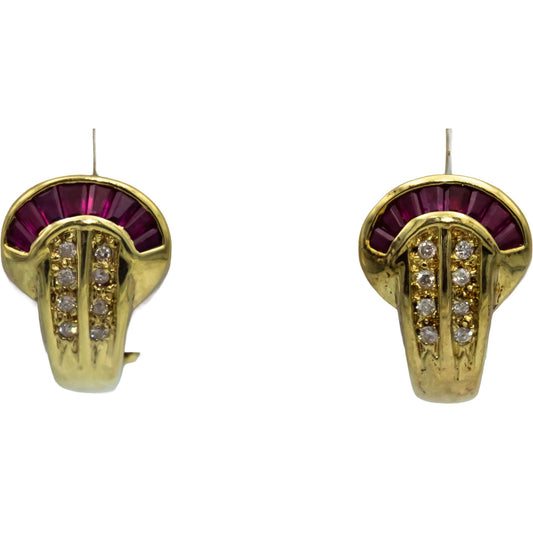 14k Yellow Gold Round Diamond Baguette Cut Ruby Dangle Earrings 0.90CTW