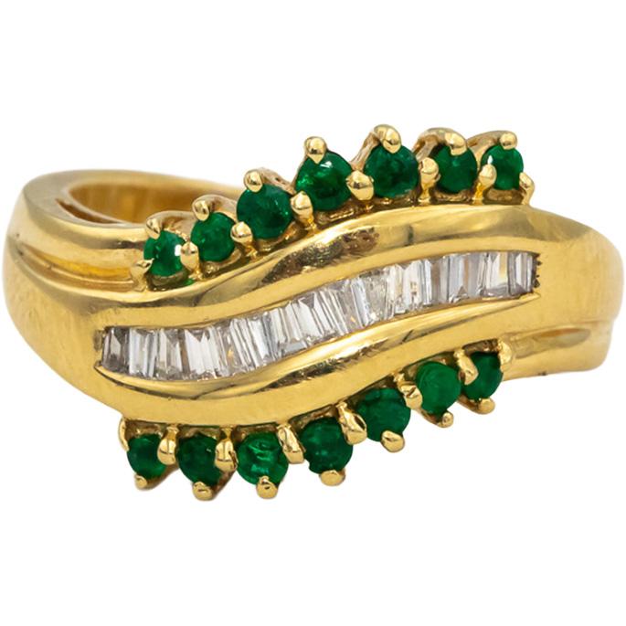 14k Yellow Gold Baguette Diamond Round Emerald Cocktail Ring 0.50CT Size 6.75