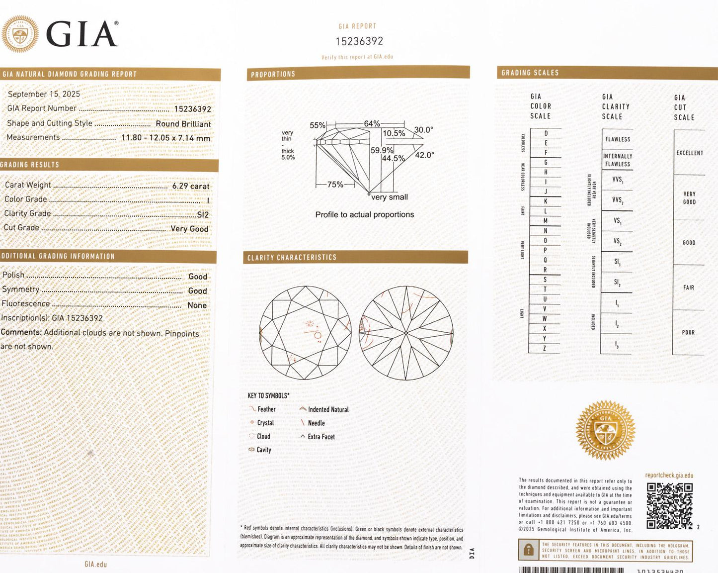 GIA Certified SI2/I Round Brilliant Diamond Loose Stone 6.29CT