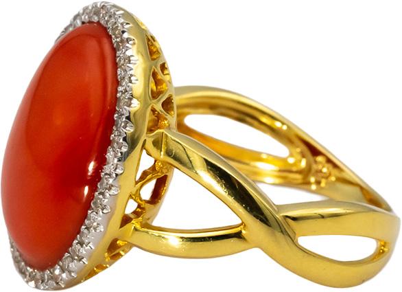 14k Yellow Gold Cabochon Coral Round Diamond Cocktail Ring 0.25CT Size 7