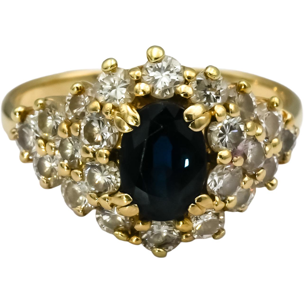 14k Yellow Gold Oval Blue Sapphire Round Diamond Cocktail Ring 1.75CT Size 6