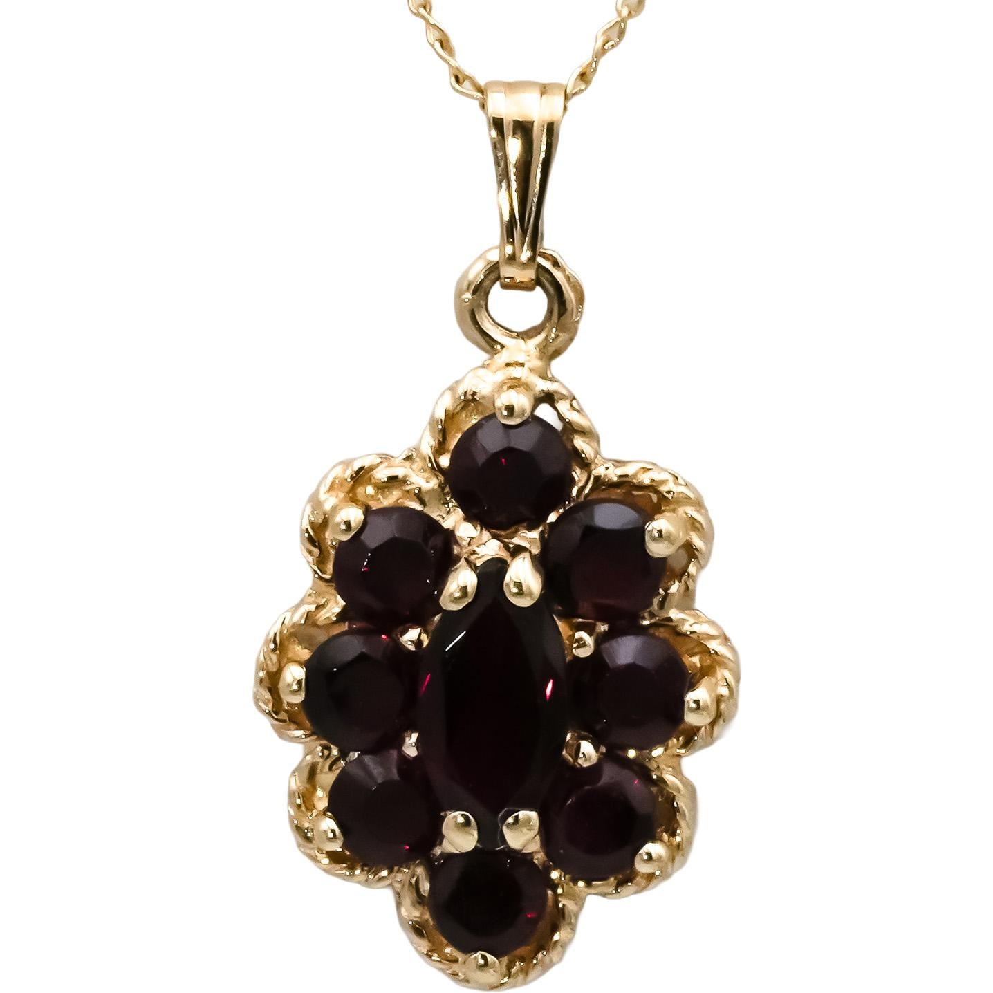 14k Yellow Gold Oval and Round Garnet Cluster Pendant Necklace 1.30CT