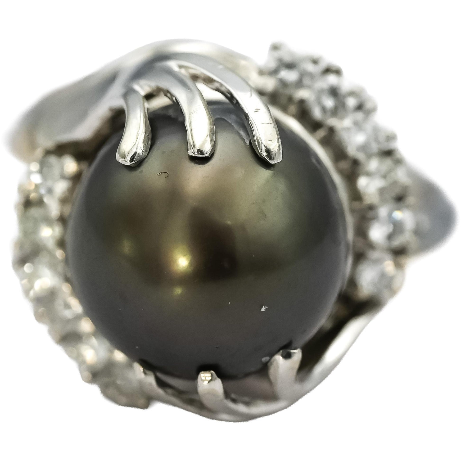 14k White Gold Round Diamond and Black Pearl Cocktail Ring 0.25CT