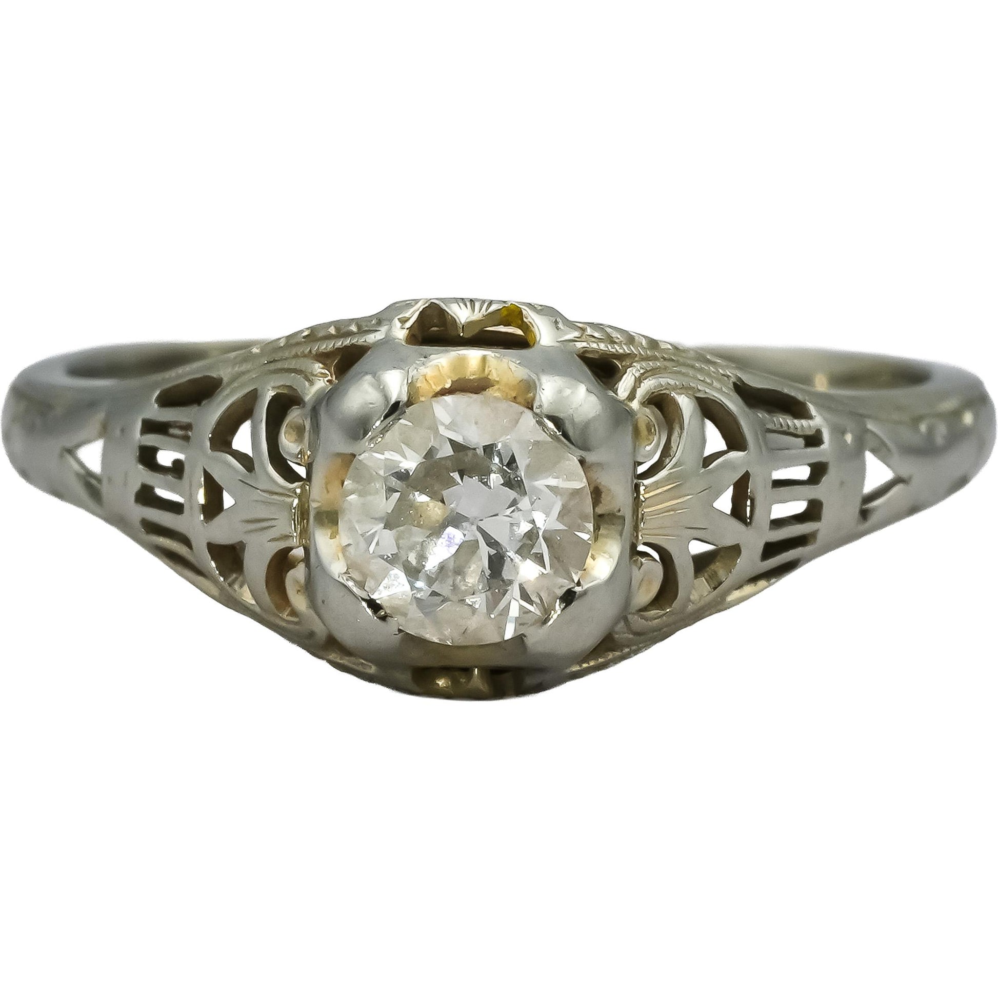 Vintage Filigree Antique 10k White Gold VS Diamond Ring 0.40CT Size 5.5