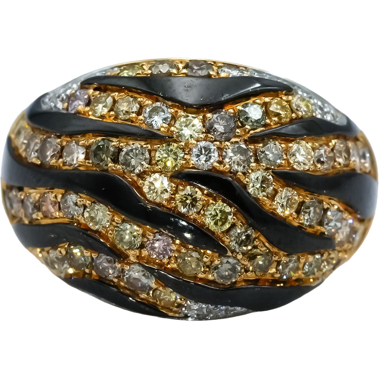 14k Yellow Gold Round Diamond and Enamel Animal Stripe Dome Ring 1.10CT Size 6.5