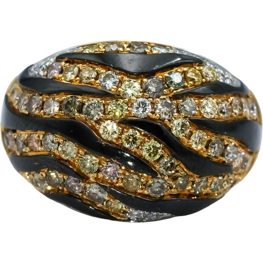 14k Yellow Gold Round Diamond and Enamel Animal Stripe Dome Ring 1.10CT Size 6.5