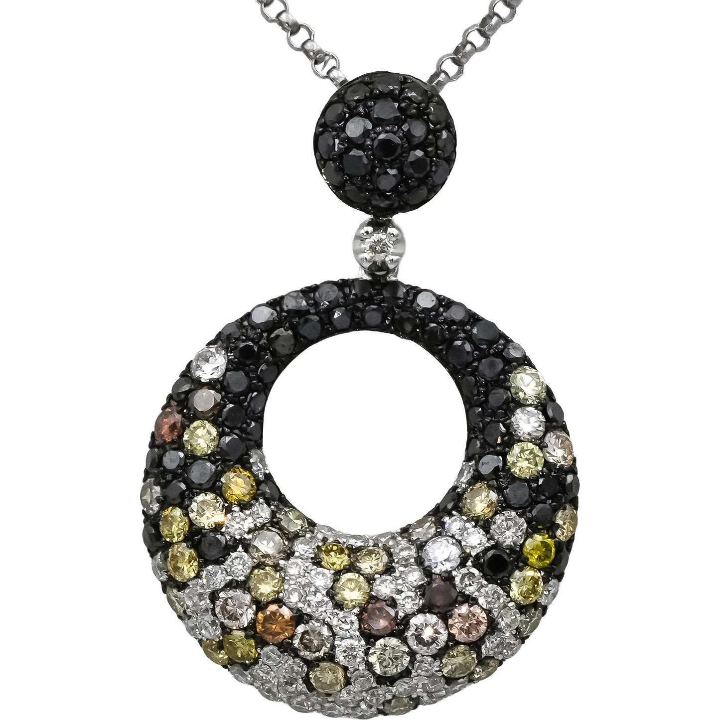 14k White Gold Round Black and Multi-Color Diamond Pendant Necklace 1.70CT