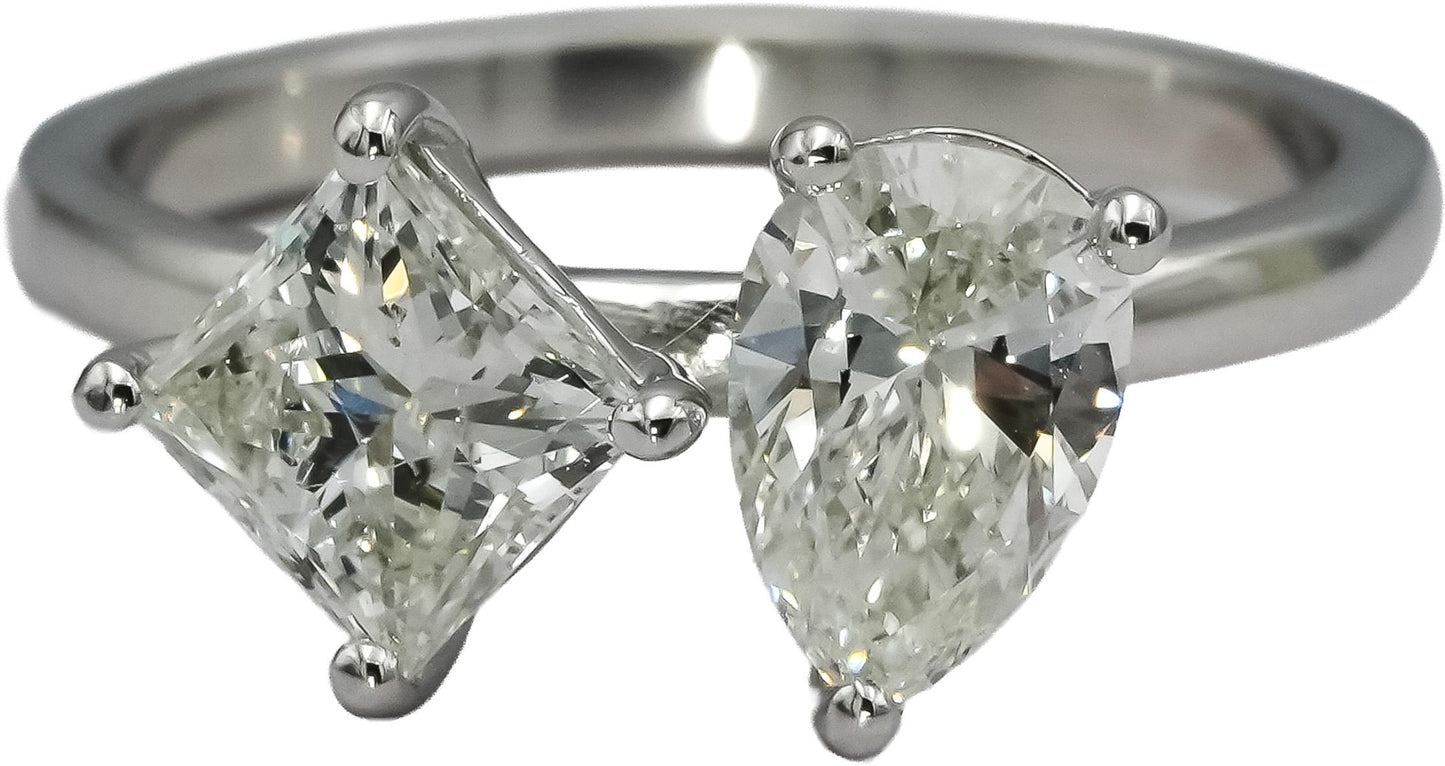 14k White Gold Pear & Princess Cut Diamond Two Stone Ring 1.64CT Size 6.25