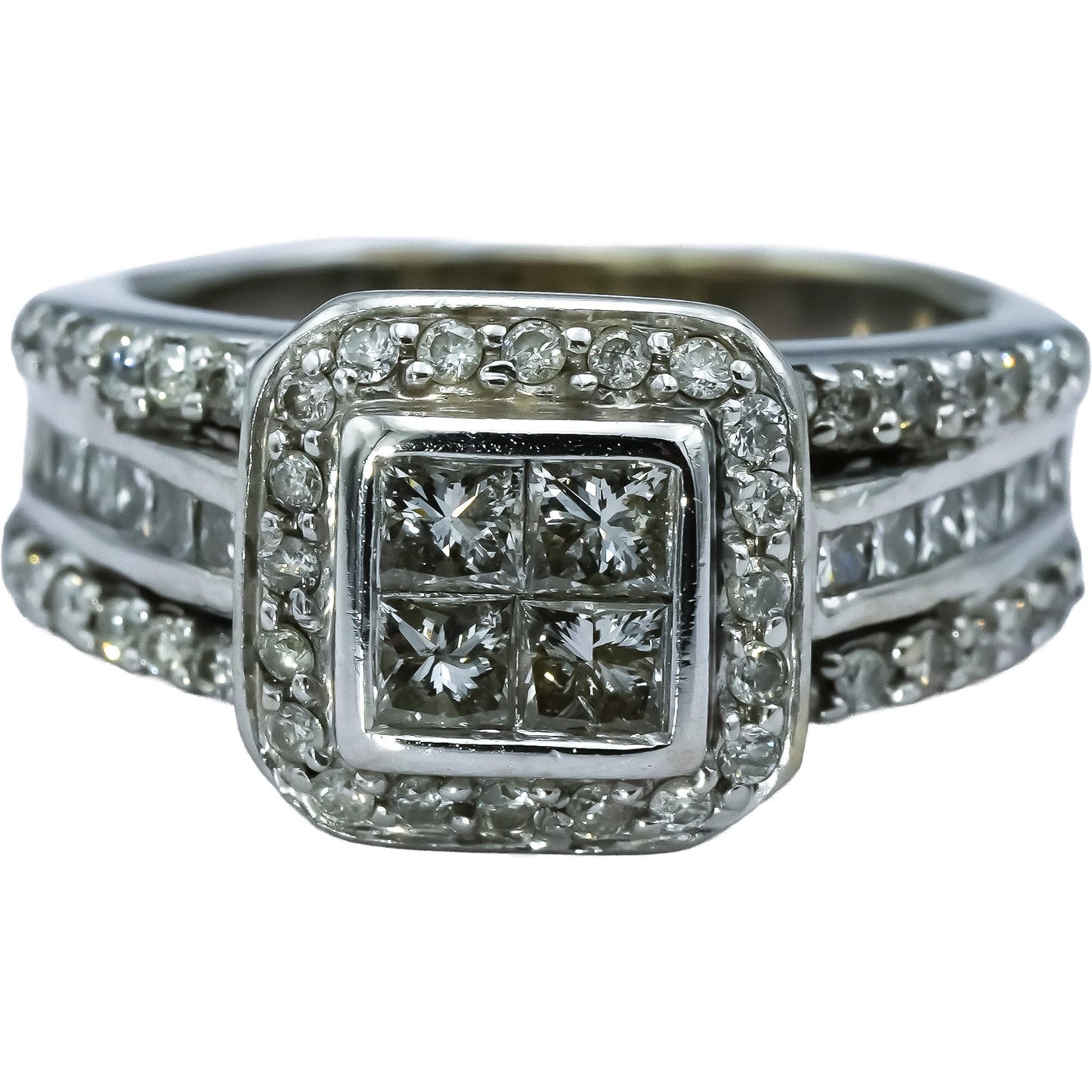 14k White Gold Princess & Round Diamond Cocktail Ring 1.25CT Size 6