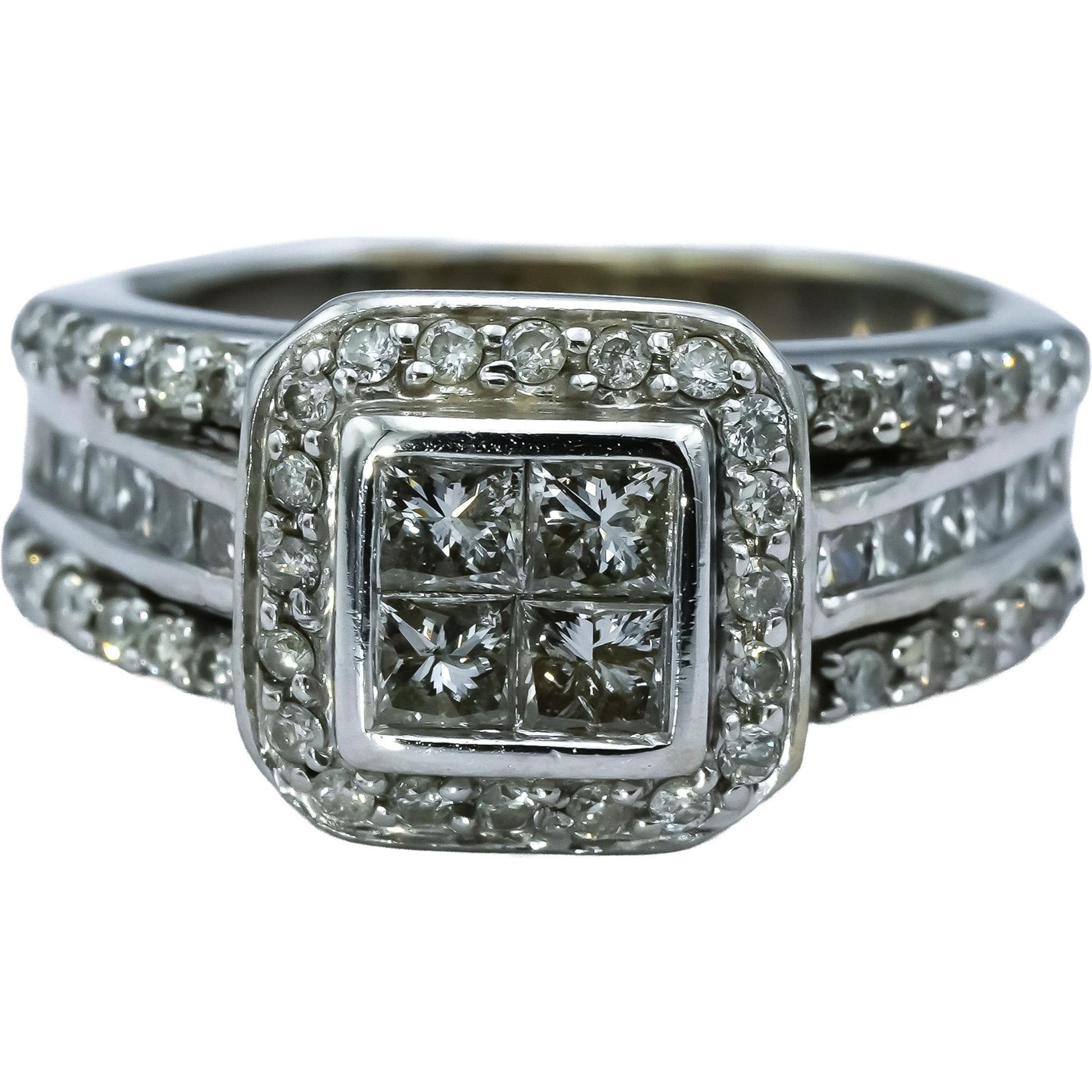 14k White Gold Princess & Round Diamond Cocktail Ring 1.25CT Size 6