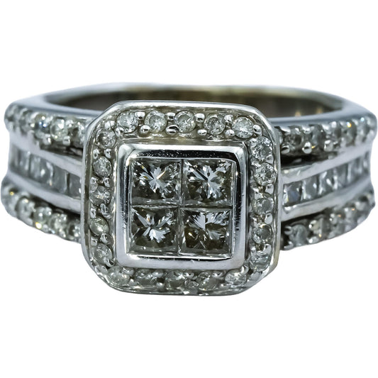 14k White Gold Princess & Round Diamond Cocktail Ring 1.25CT Size 6