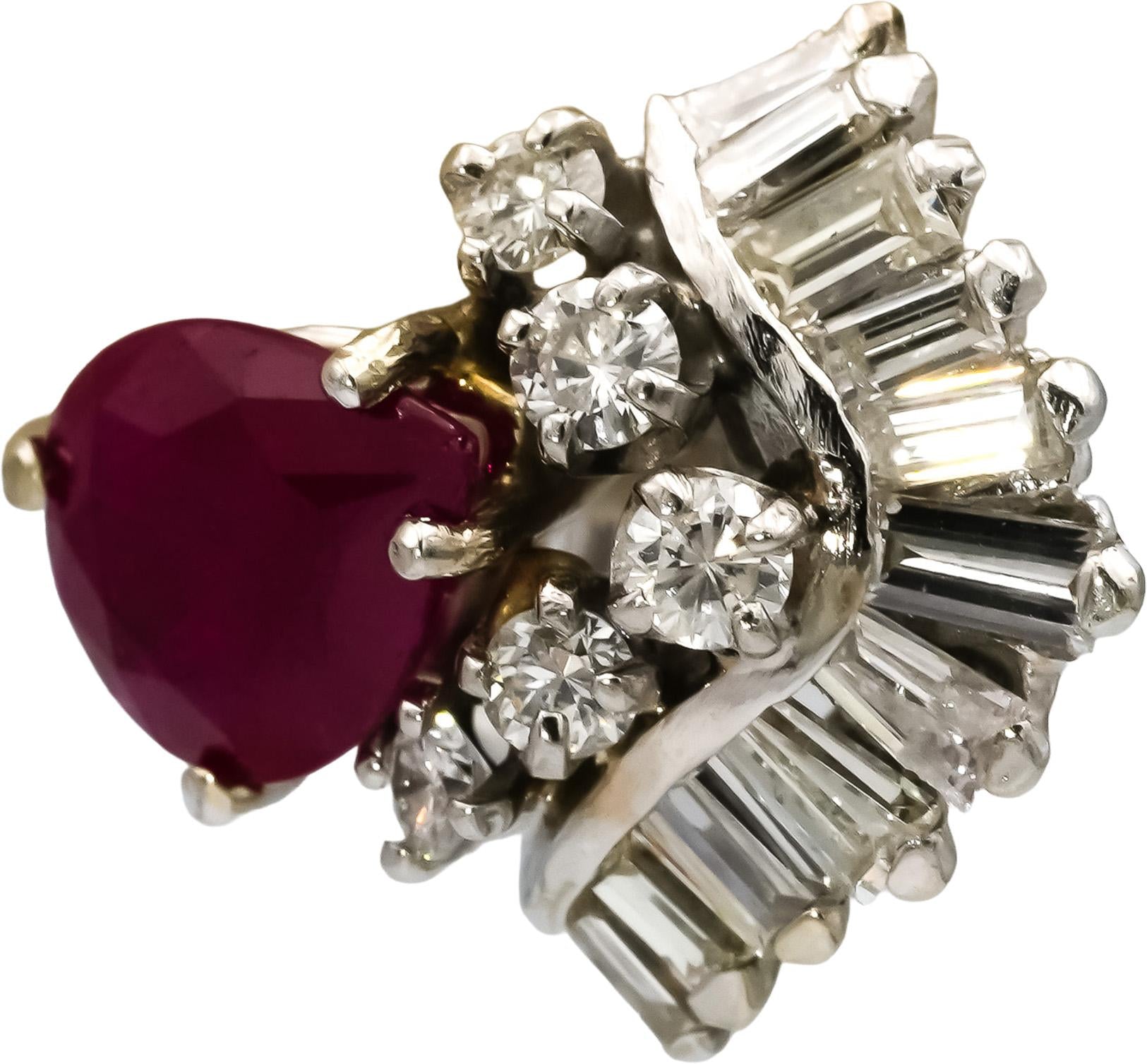 14k White Gold Round and Baguette Diamond and Pear Ruby Earrings 3.50CT