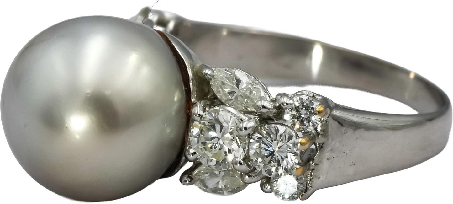18k White Gold VS Diamond and 11.5mm Pearl Cocktail Ring 1.25CT Size 7.5