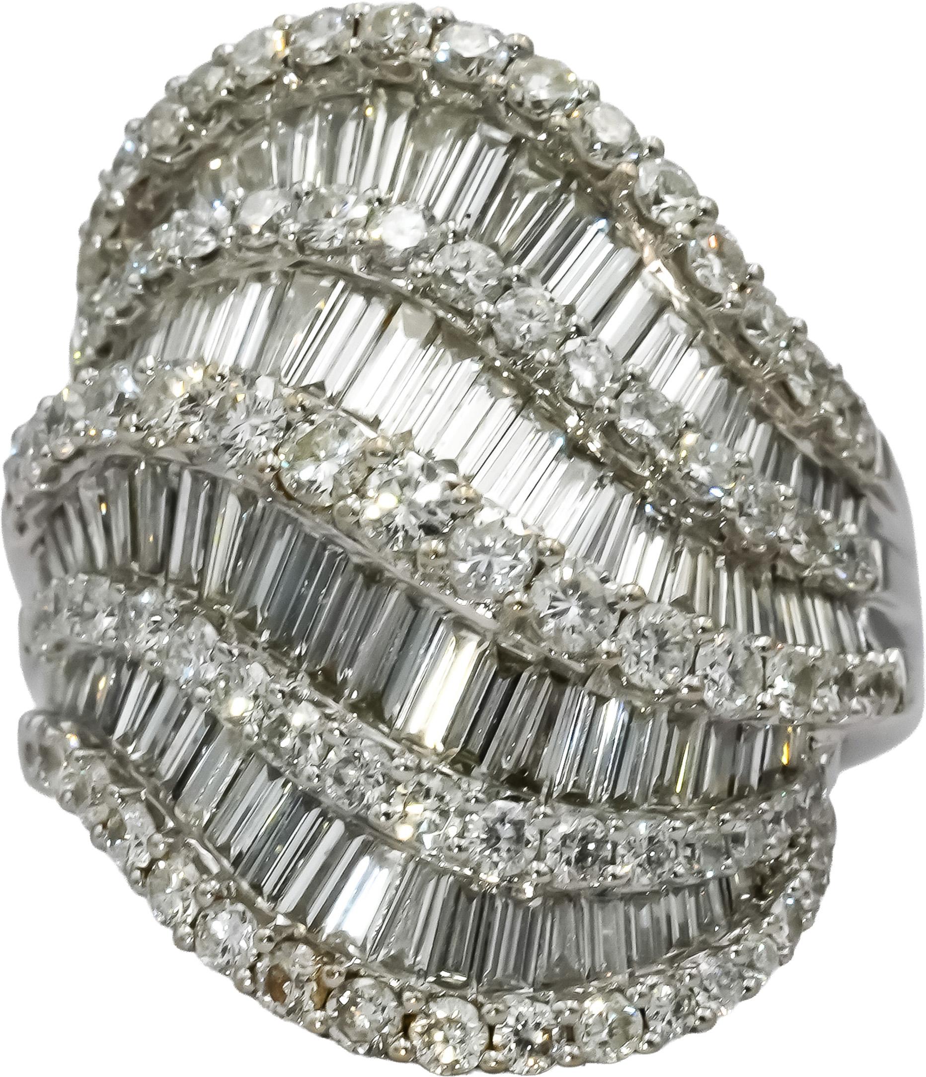18k White Gold VS Round & Baguette Diamond Cluster Cocktail Ring 5.0CT Size 7