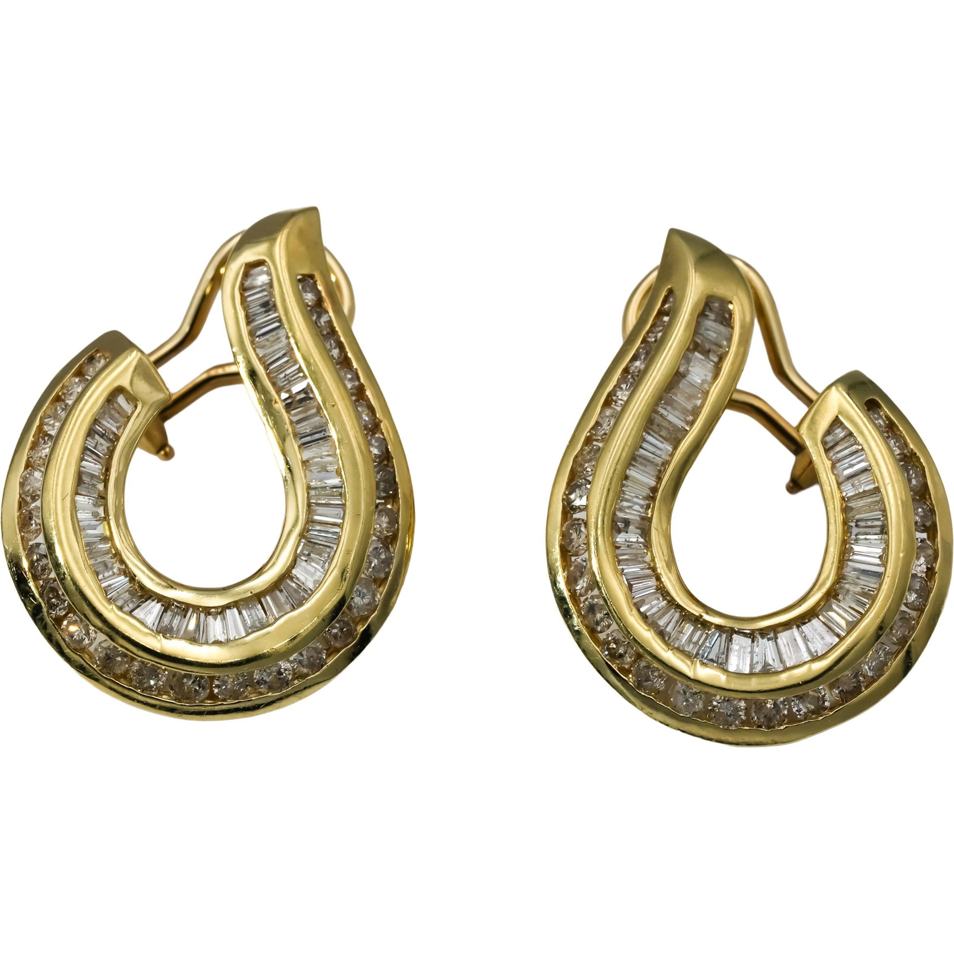 14k Yellow Gold Round and Baguette Cut Diamond Drop Earrings 2.50CT