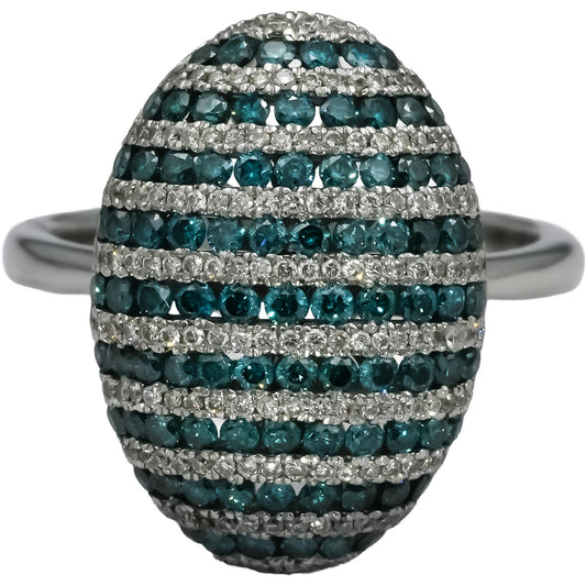 18k White Gold Round White & Irradiated Blue Diamond Cluster Ring 1.50CT Size 8