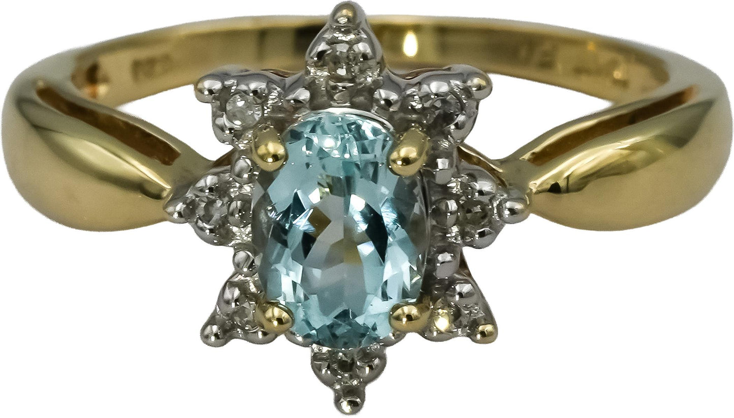 10k Yellow Gold Aquamarine Ring 0.50CT Size 7.25 w/ Diamond Accents