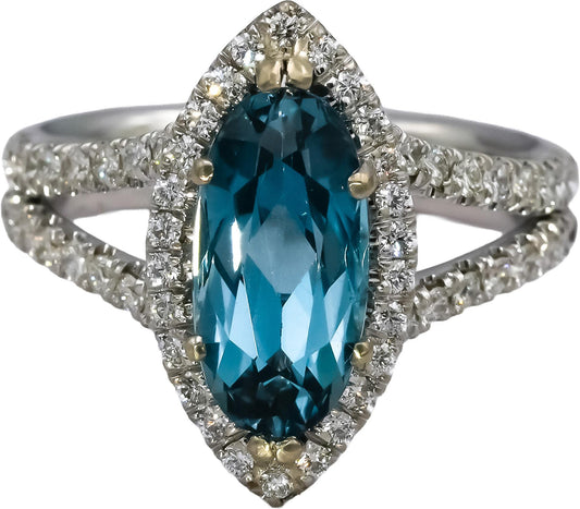 18k White Gold VS Round Diamond Marquise Topaz Cocktail Ring 4.09CT Size 6.5