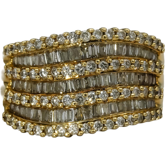 EFFY 14k Yellow Gold Round and Baguette Diamond Wavy Band Ring 1.0CT Size 5.75