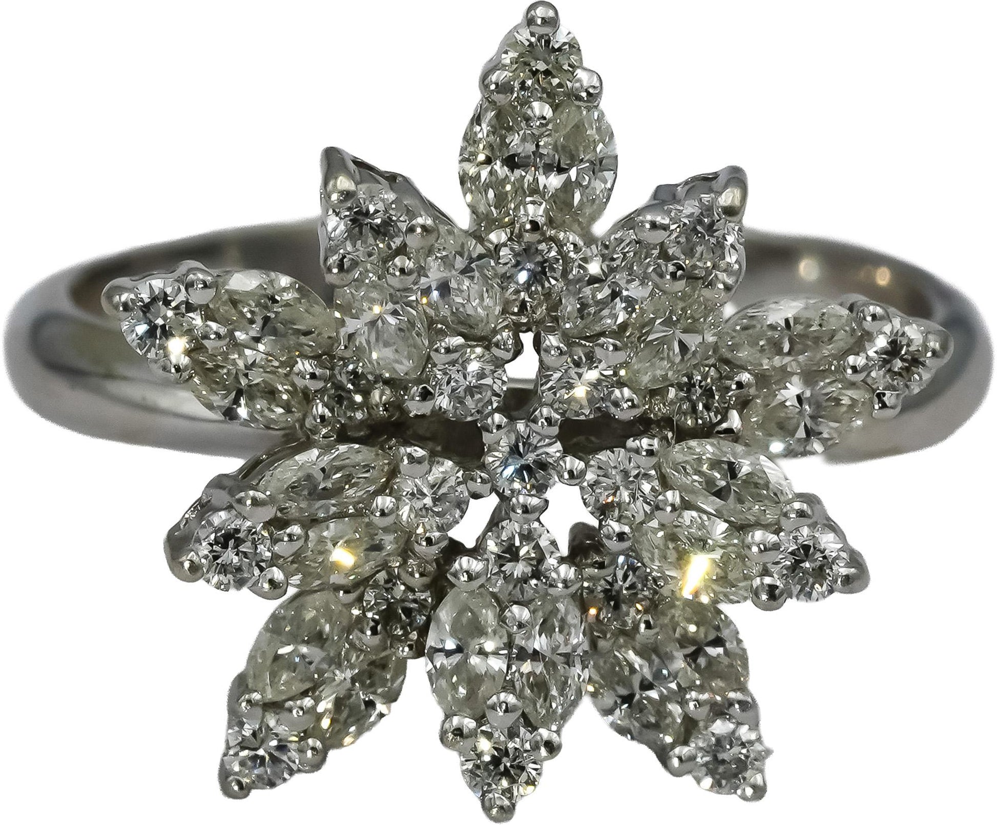 18k White Gold Round and Marquise Diamond Flower Ring 1.0CT Size 9.5