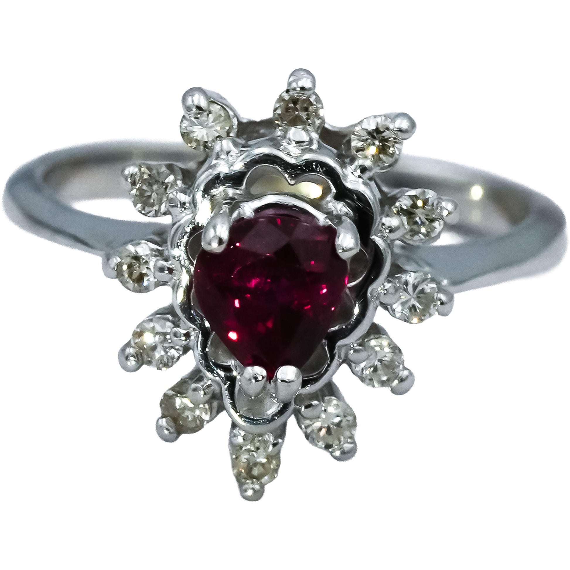 14k White Gold Round Diamond Pear Cut Ruby Cocktail Ring 0.50CT Size 4