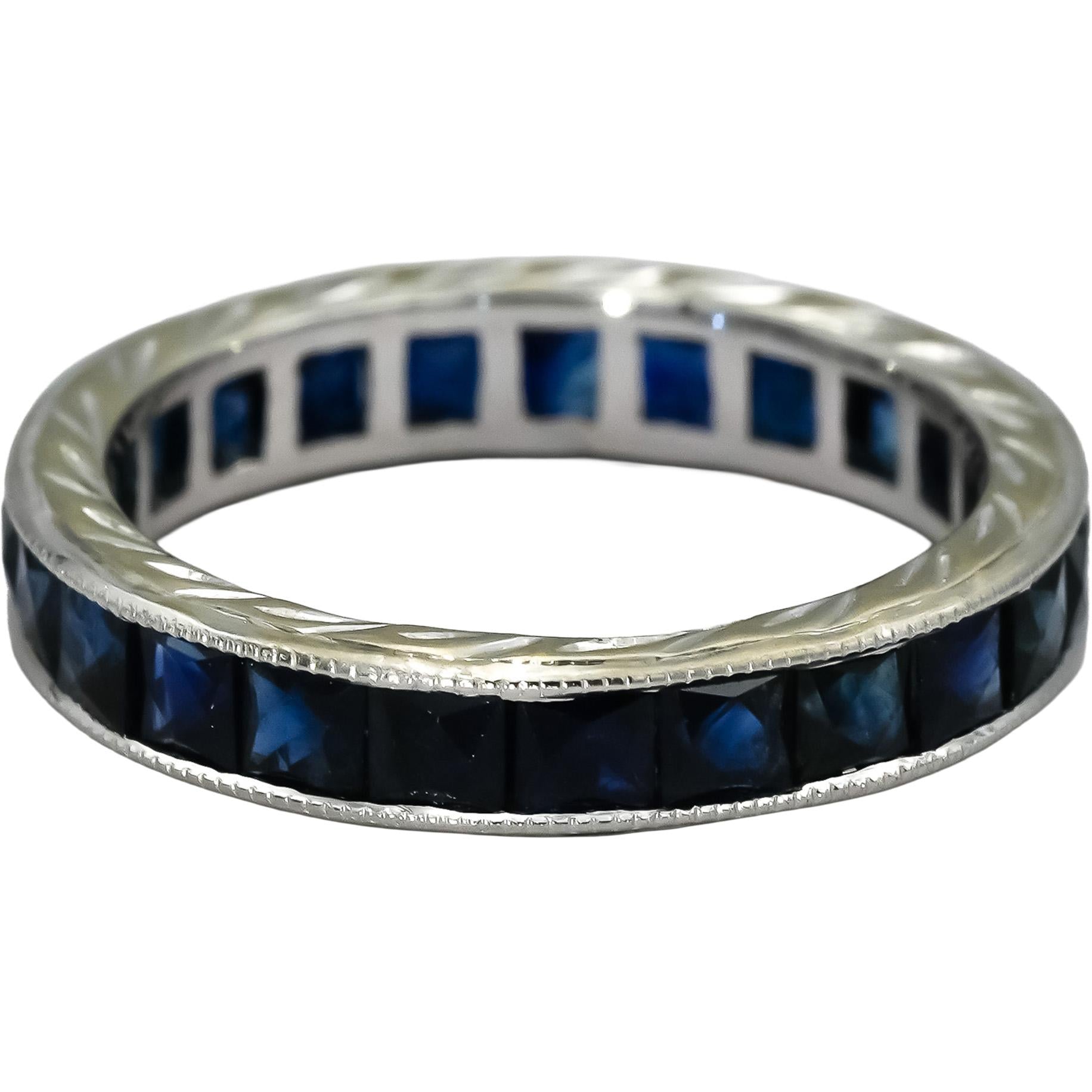 18k White Gold French Cut Sapphire Engraved Eternity Band Ring 2.75CT Size 5.25