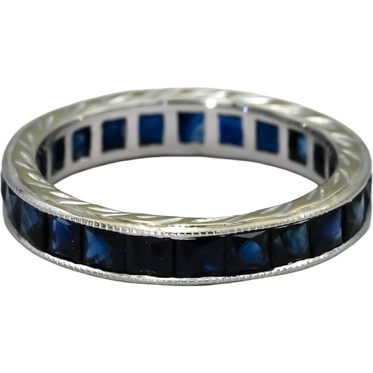 18k White Gold French Cut Sapphire Engraved Eternity Band Ring 2.75CT Size 5.25
