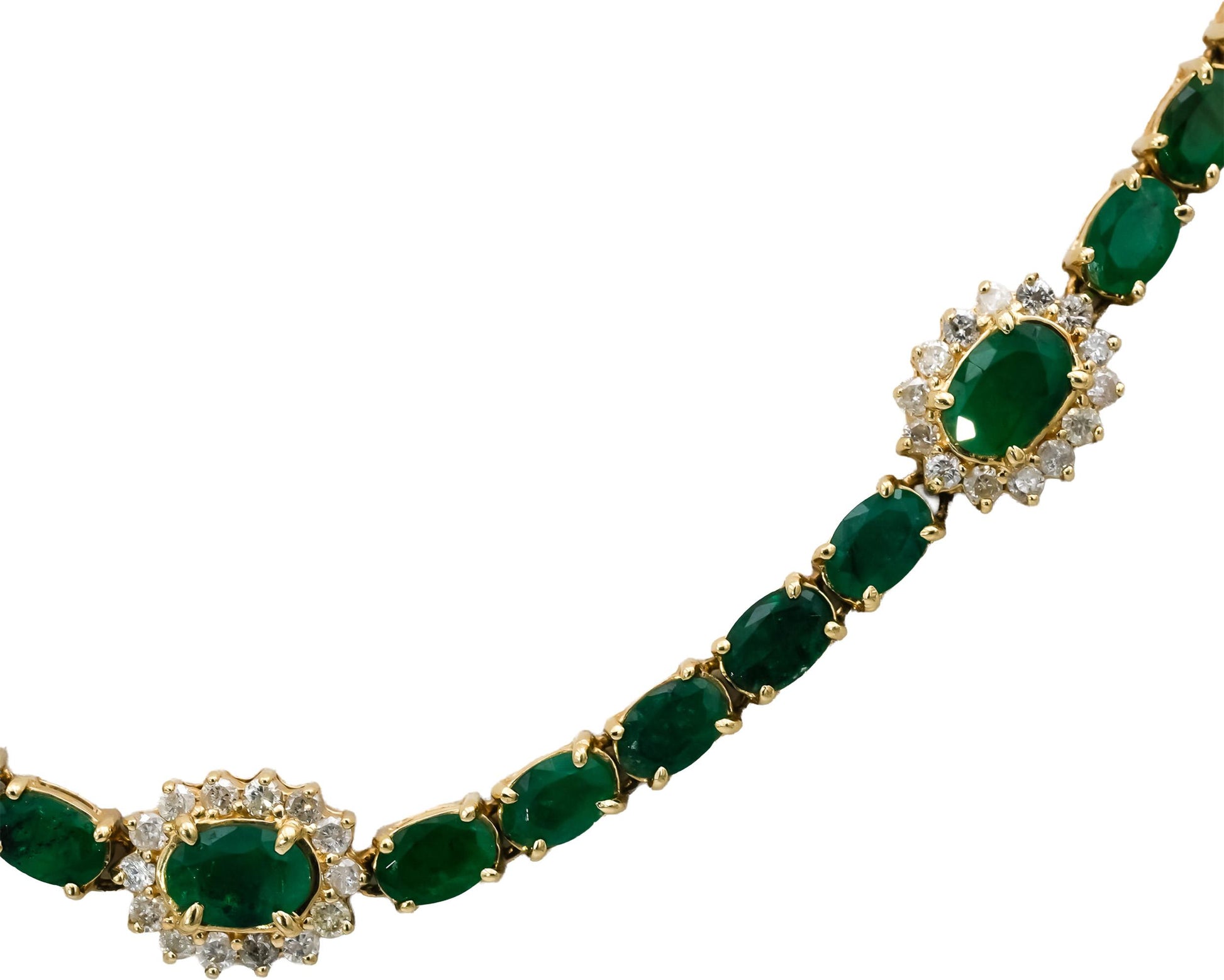 14k Yellow Gold Round Diamond and Oval Cut Emerald Formal Necklace 29.50CT