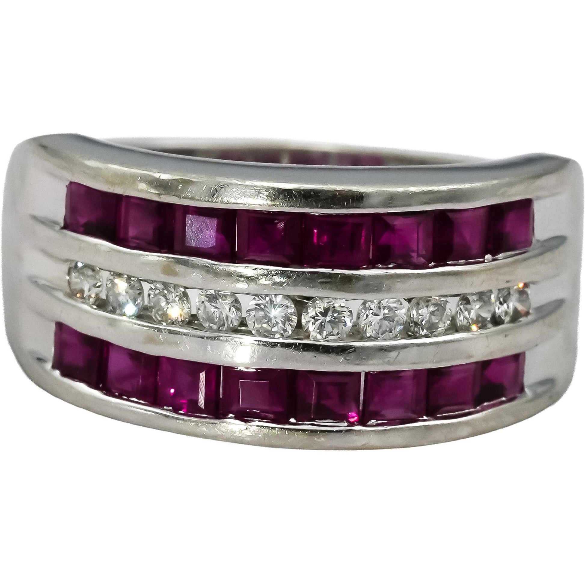 14k White Gold Diamond and Ruby Three Row Band Ring 1.0CT Size 6.75