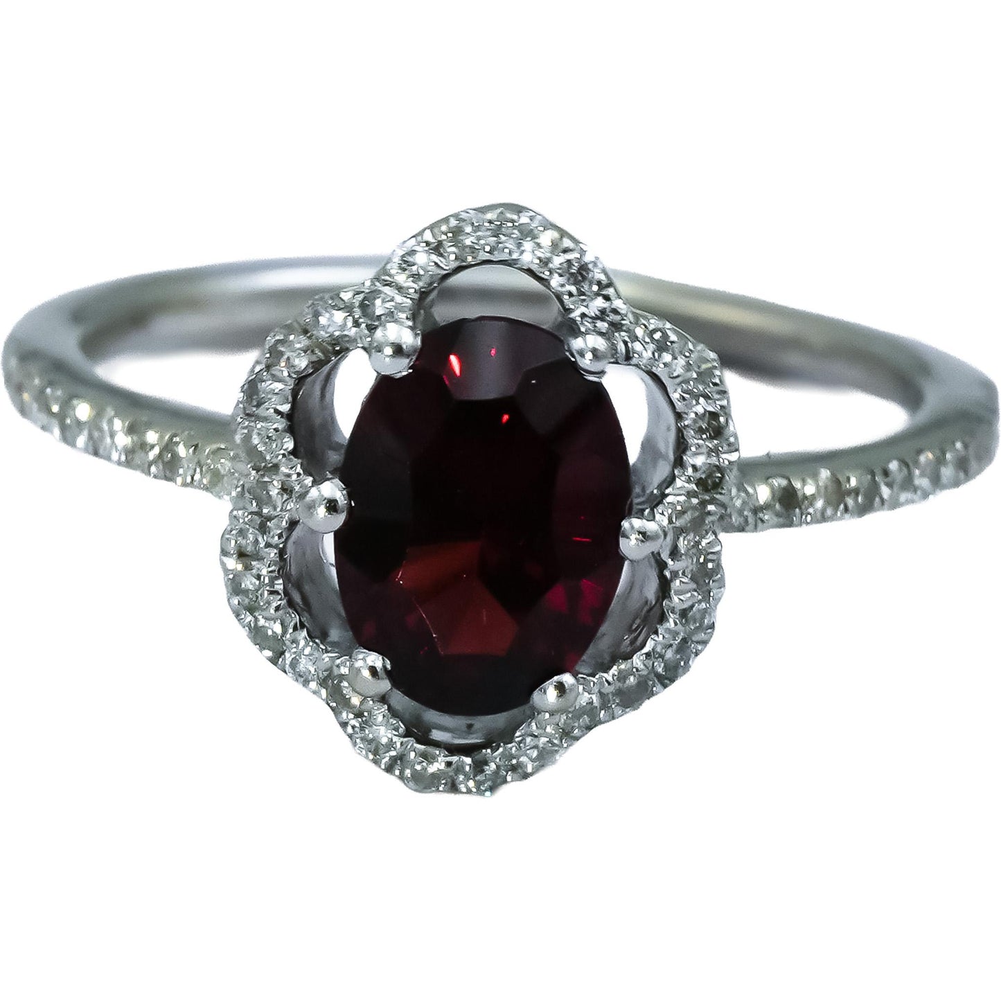 14k White Gold Round diamond Oval Garnet Cocktail Ring 1.20CT Size 4