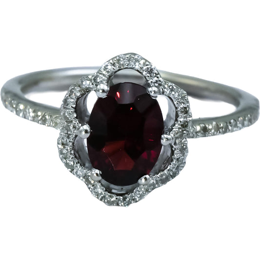 14k White Gold Round diamond Oval Garnet Cocktail Ring 1.20CT Size 4