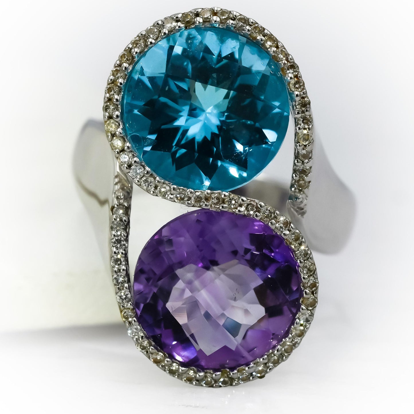 18k White Gold Diamond Blue Topaz Amethyst Bypass Ring 8.33CT Size 4