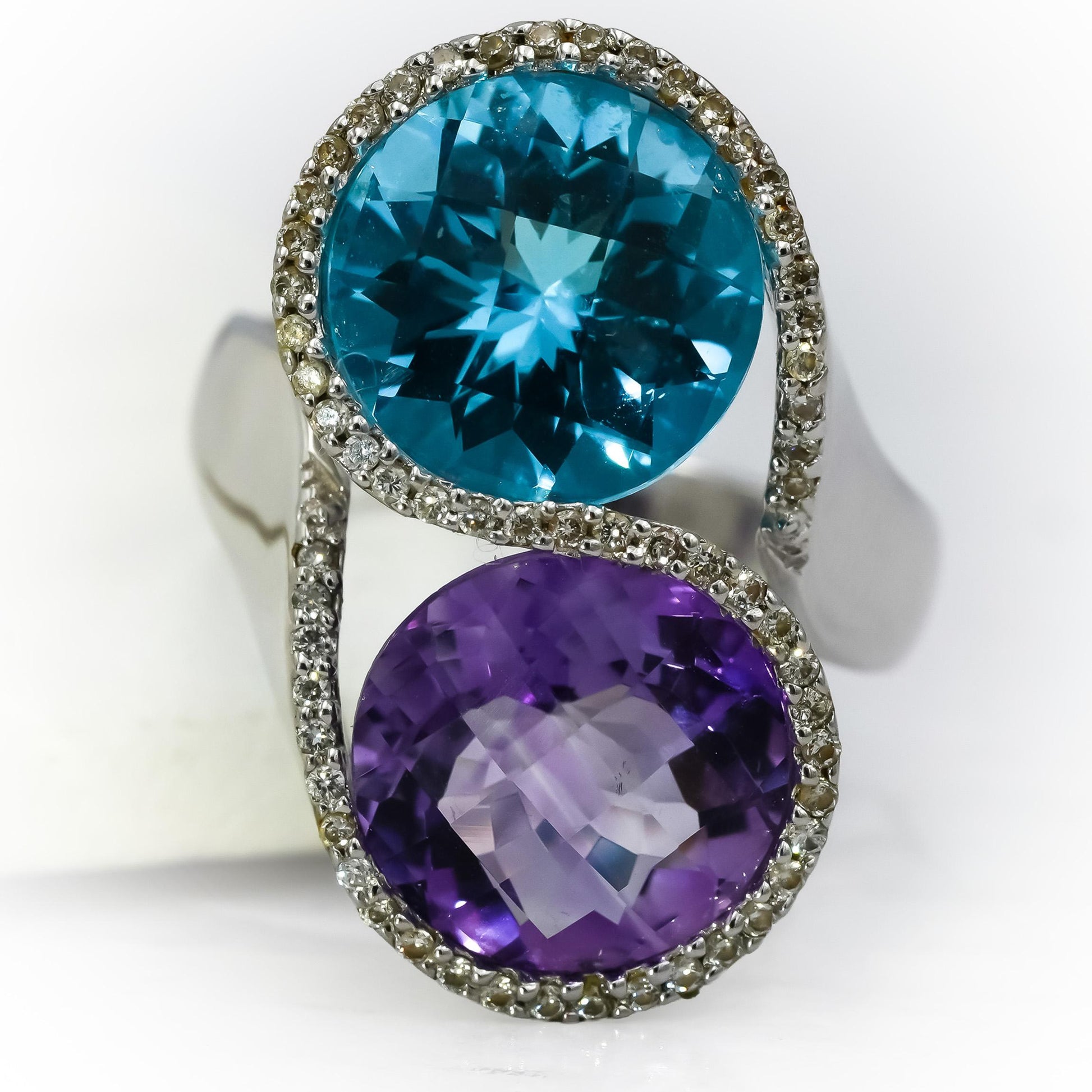 18k White Gold Diamond Blue Topaz Amethyst Bypass Ring 8.33CT Size 4