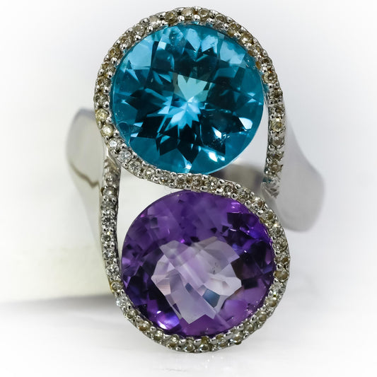 18k White Gold Diamond Blue Topaz Amethyst Bypass Ring 8.33CT Size 4