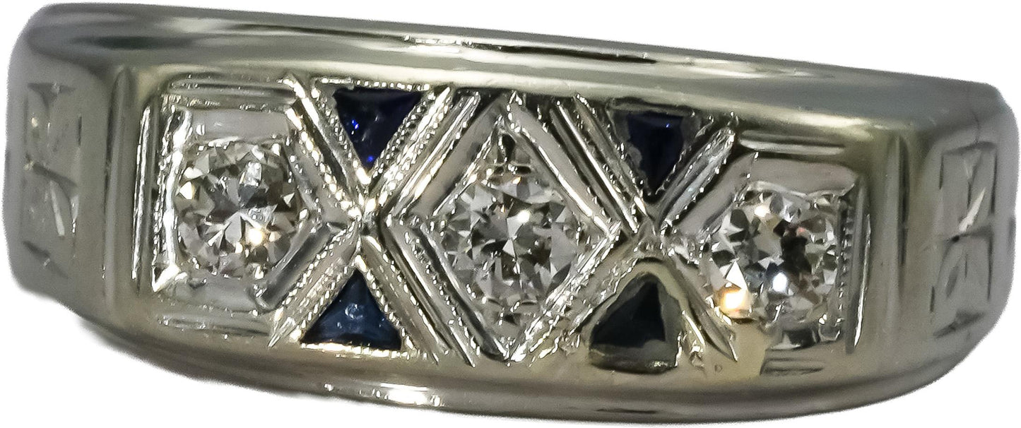 Vintage Antique 14k White Gold Diamond and Sapphire Band Ring 0.30CT Size 9.5