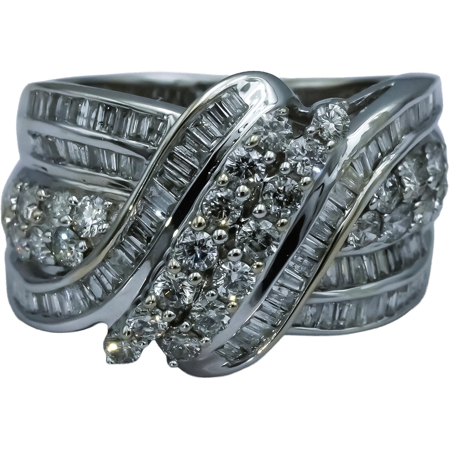 14k White Gold Round and Baguette Cut Diamond Crossover Ring 1.50CT Size 8.75