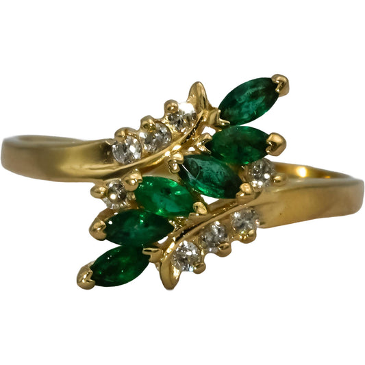 14k Yellow Gold Round Diamond & Marquise Emerald Cocktail Ring 0.45CT Size 7.75