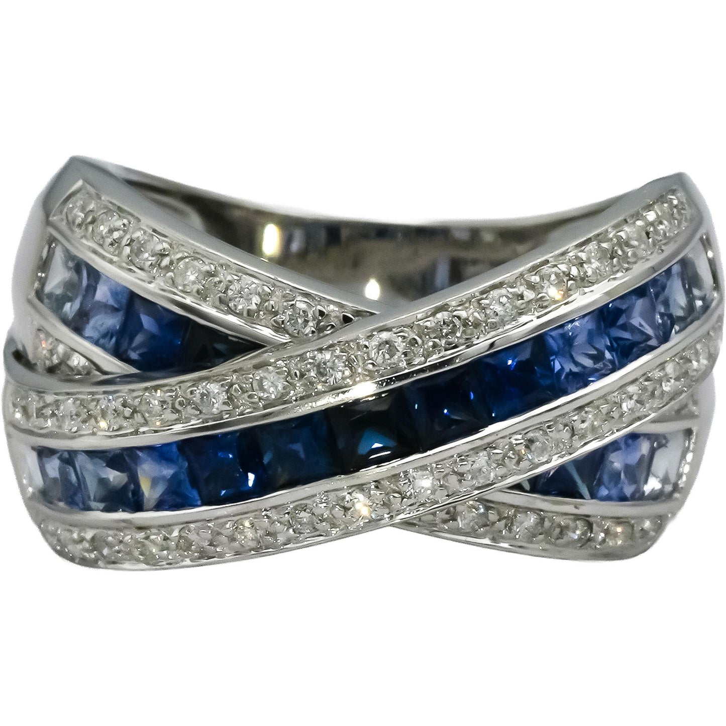 14k White Gold Diamond & Multi Color Blue Sapphire Crossover Ring 2.95CT Sz 6.75
