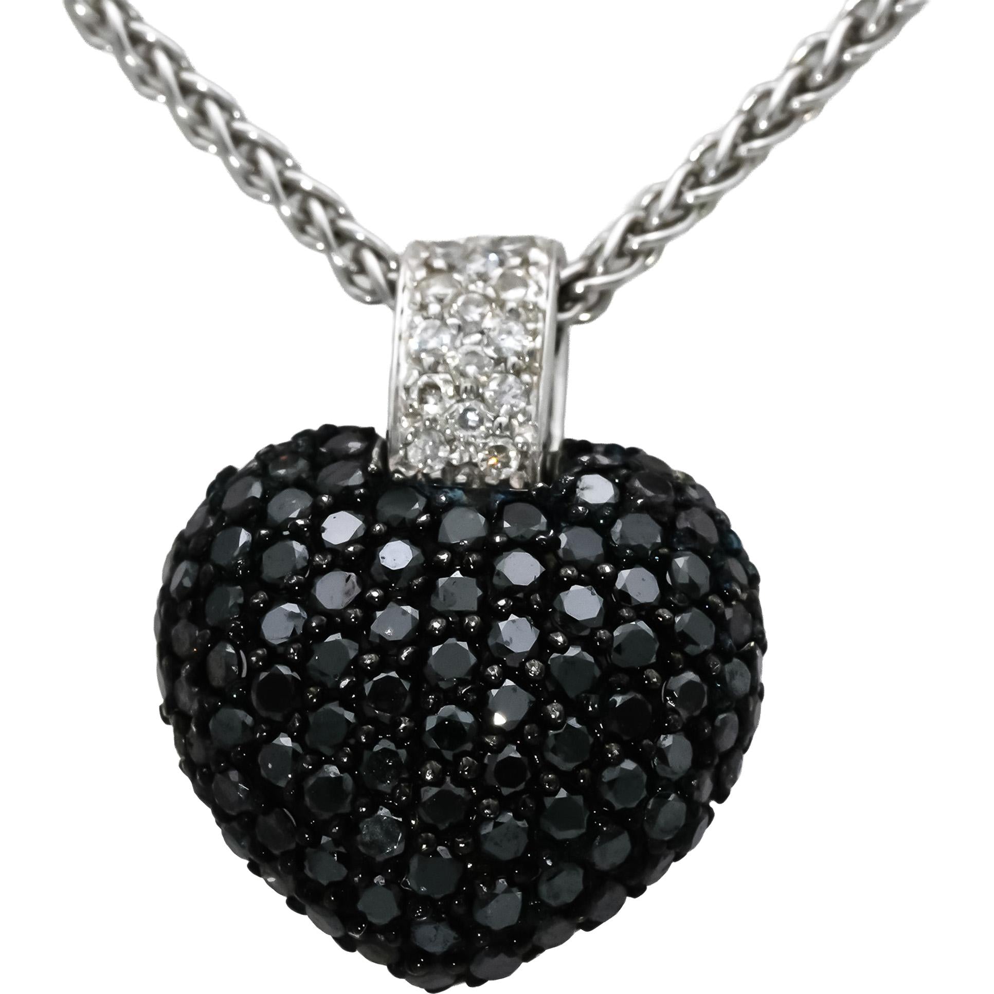 14k White Gold Round White and Black Diamond Heart Pendant Necklace 1.35CT