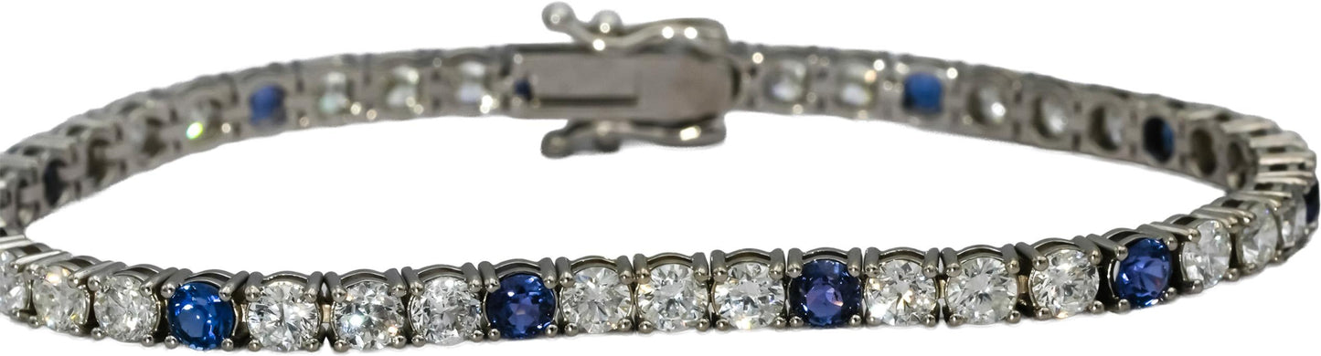 14k White Gold Diamond and Blue Sapphire Tennis Bracelet 8.83CT
