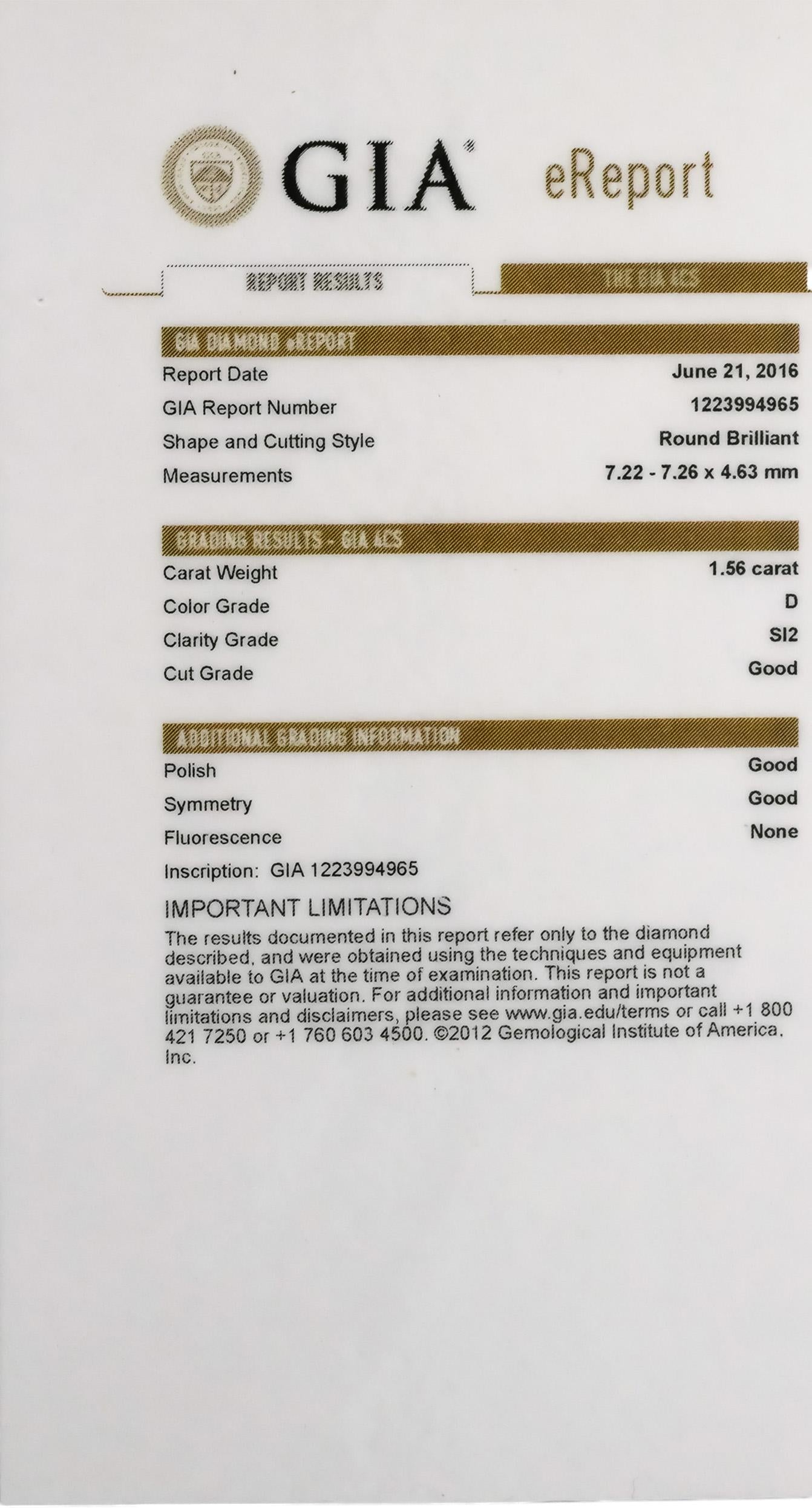 GIA Certified SI2/D Round Cut Natural Diamond Loose Stone 1.56CT