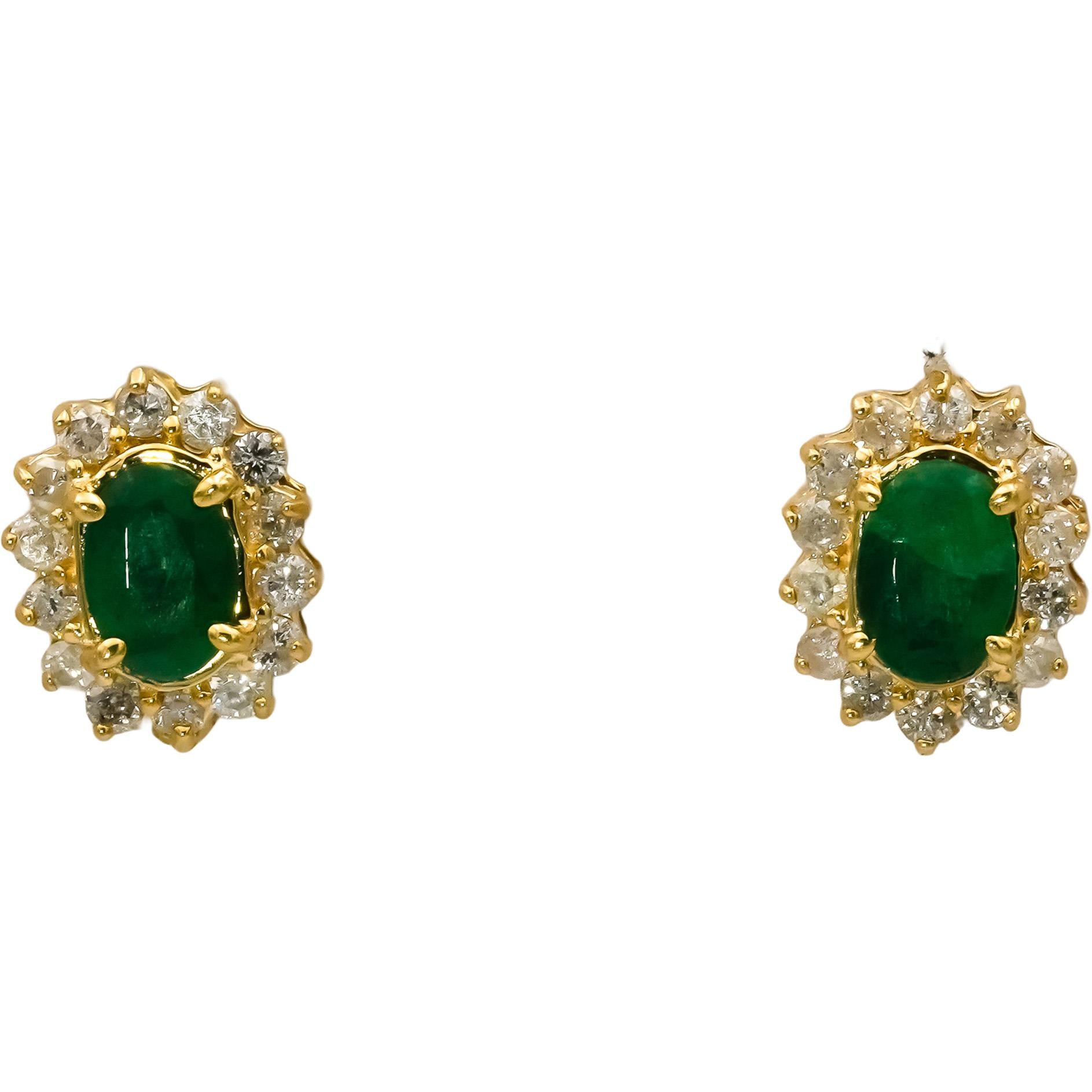 14k Yellow Gold Oval Cut Emerald Round Diamond Halo Stud Earrings 1.75CT