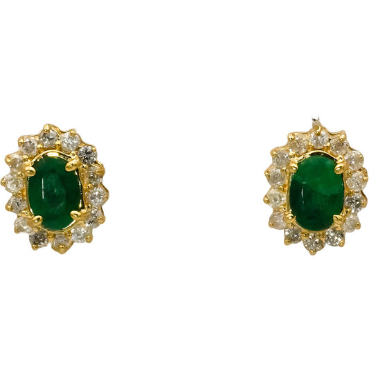 14k Yellow Gold Oval Cut Emerald Round Diamond Halo Stud Earrings 1.75CT