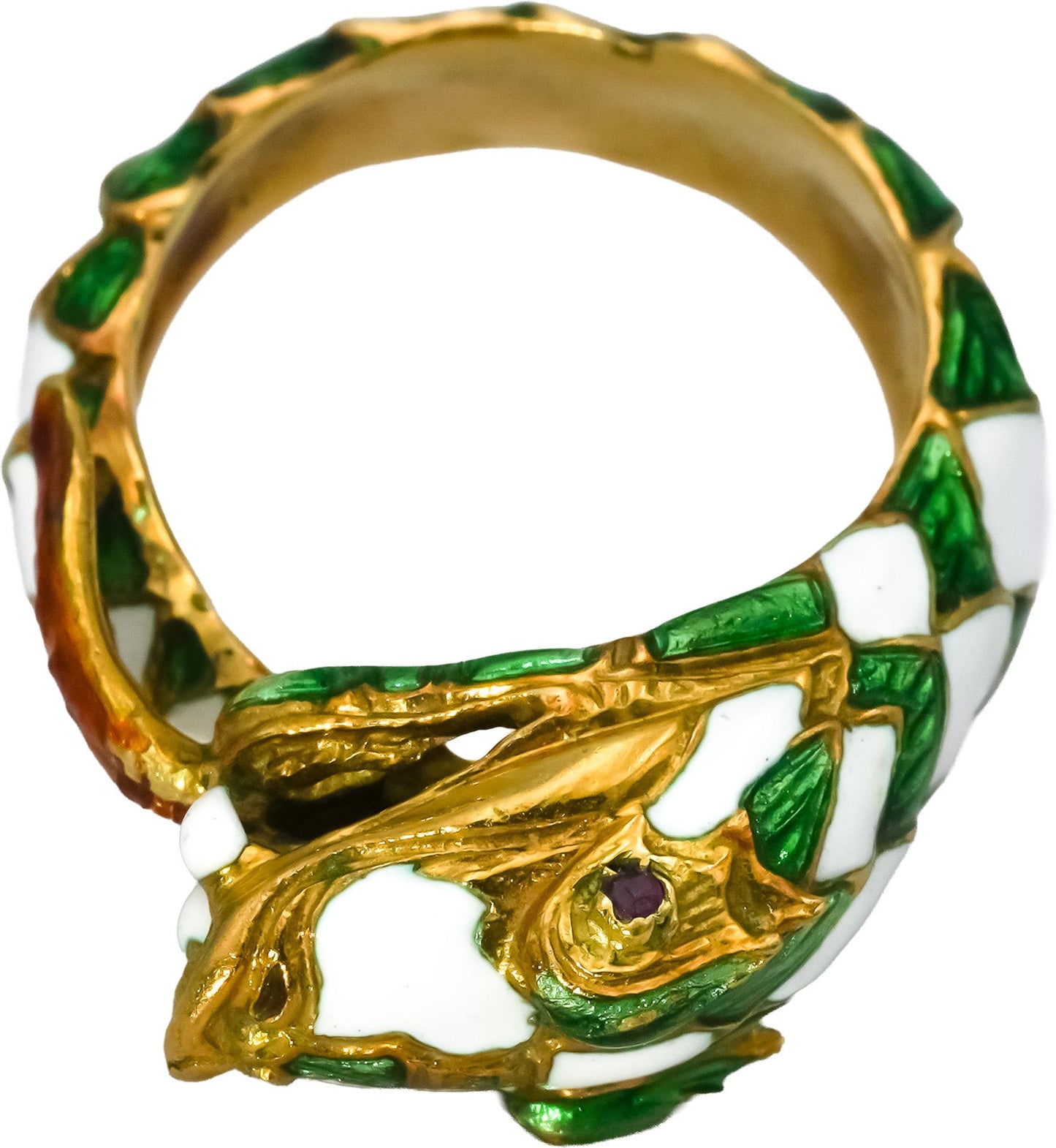 Vintage Antique 18k Yellow Gold White and Green Enamel Snake Ring 7