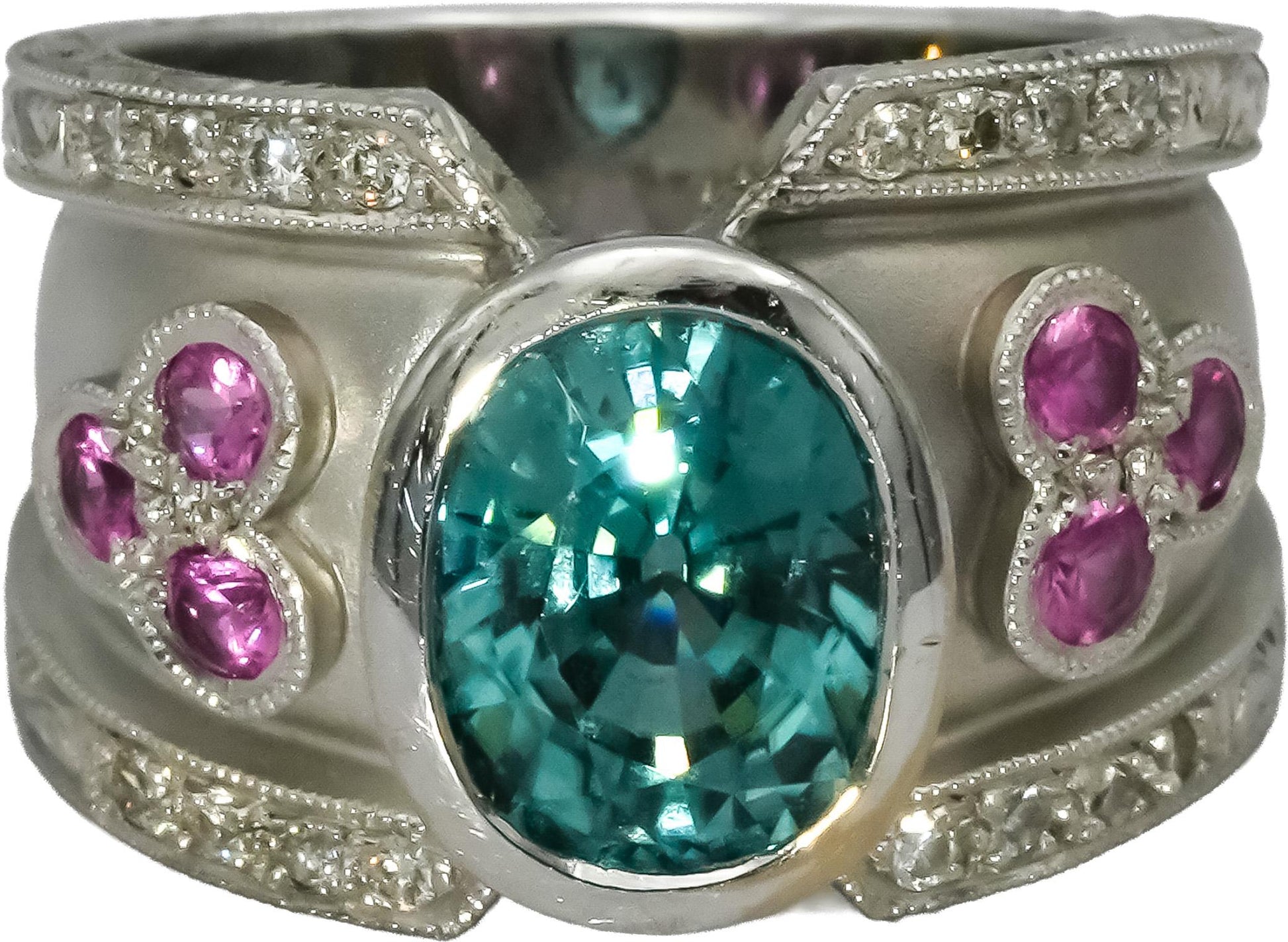 18k White Gold Diamond Blue & Pink Sapphire Cocktail Ring 5.25CT Size 7.25