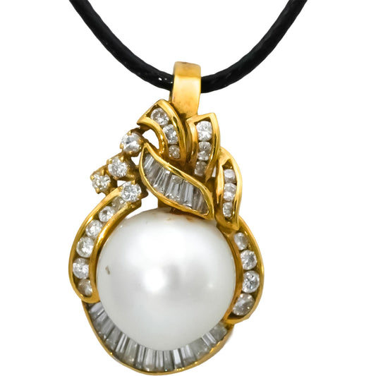 18k Yellow Gold VS Round Baguette Diamond & 13.0mm Pearl Pendant Necklace 1.0CT